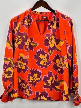 477 Mascomoda Womens V-Neck Floral Long Sleeve Blouse Orange & Purple Medium